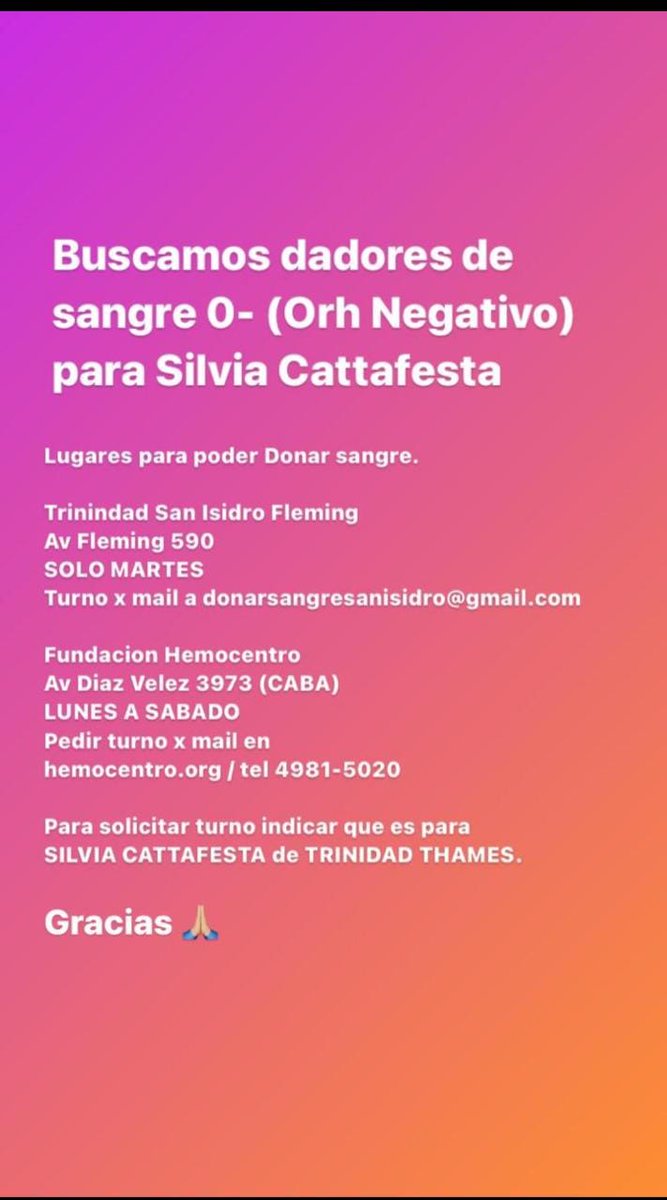 Buscamos dadores de sangre 0- para Silvia Cattafesta. Secretaria General de nuestra cámara. Muchas gracias!