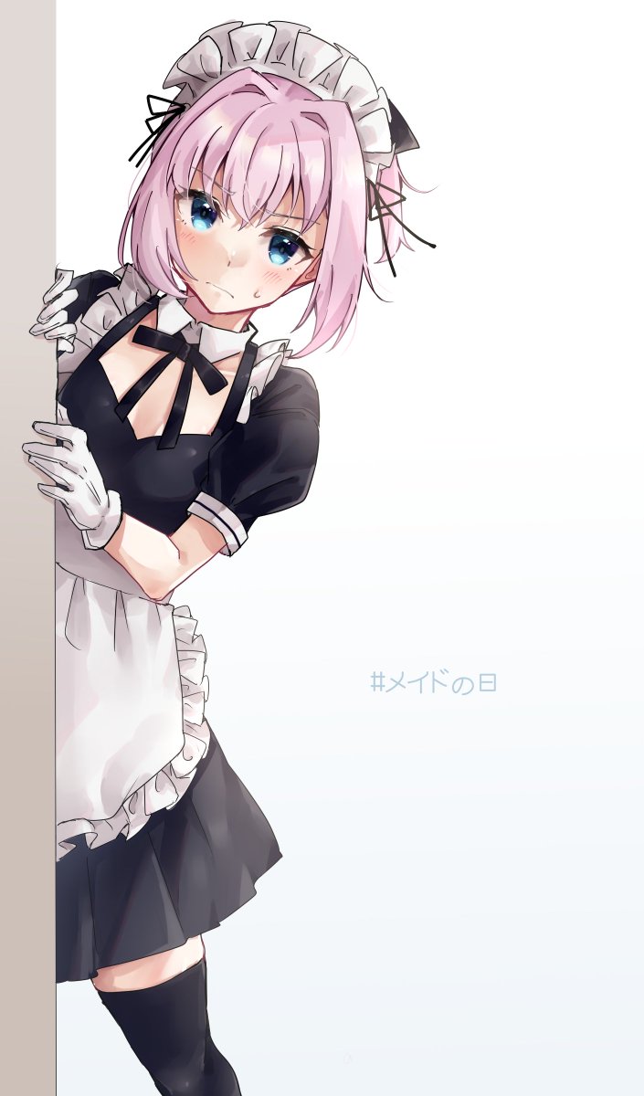 shiranui (kancolle) 1girl solo maid pink hair apron maid headdress white gloves  illustration images