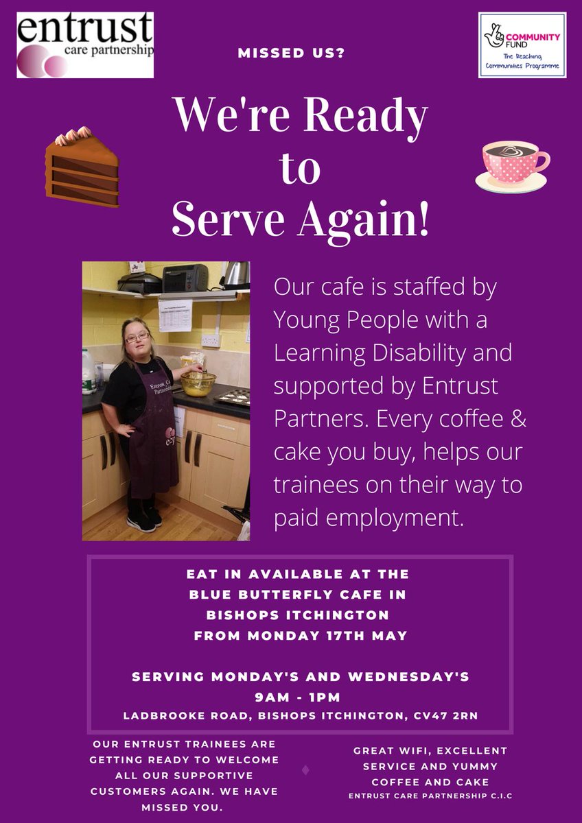 Our young people have really missed making cakes and serving customers. Please  support them as we reopen Blue Butterfly Cafe next week it means a lot to us. #disability #nobarrierstoemployment <a href="/AimeeMannMentor/">Aimee Mann</a> <a href="/HMStack/">Heather Stack</a> <a href="/HerewardCollege/">Hereward College</a> <a href="/Evergreen_Sch/">Evergreen School</a> <a href="/WelcombeHills/">WelcombeHillsSchool</a> <a href="/weareMFON/">My Family Our Needs</a>