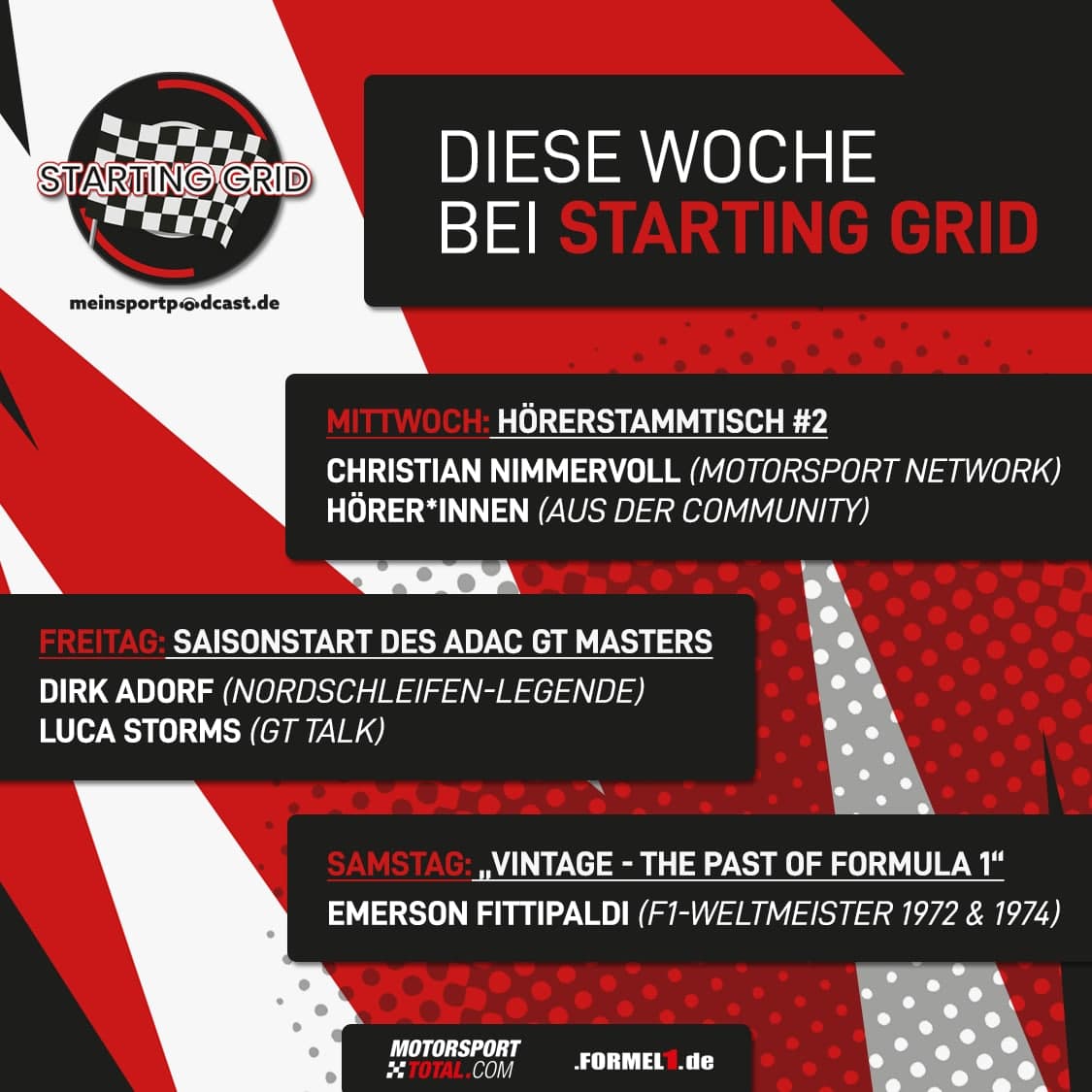 startinggrid_f1's tweet photo. #StartingGridMSP diese Woche auf @meinsportpod! Mittwoch: Hörerstammtisch mit @MST_ChristianN und einigen Hörer*innen zum #F1-#SpanishGP und mehr. Freitag: @GTtalk_de x Starting Grid mit Dirk #Adorf zur @gtmasters bei @NITRO. Samstag: @emmofittipaldi in #Vintage! Abonnieren! https://t.co/TezQvkD8nm
