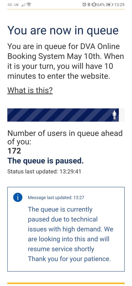 Dva sort it out. Got accepted into a queue at 10am to book a driving test as number 3348. 4 and a half hours later the ques has paused at number 172. Am I gonna be able to book a  test or get booted off?