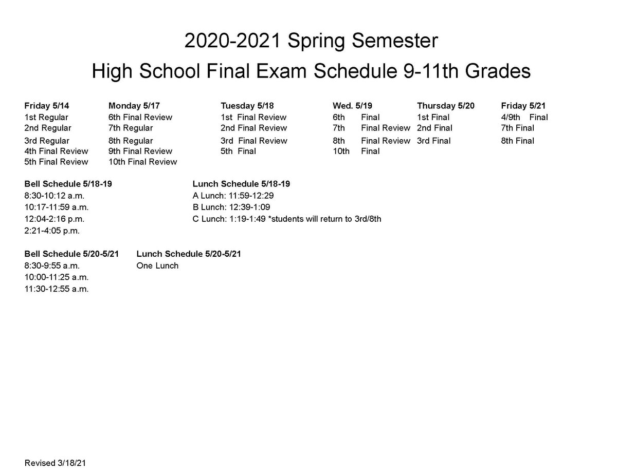 Final Exam Schedule for 9th-11th