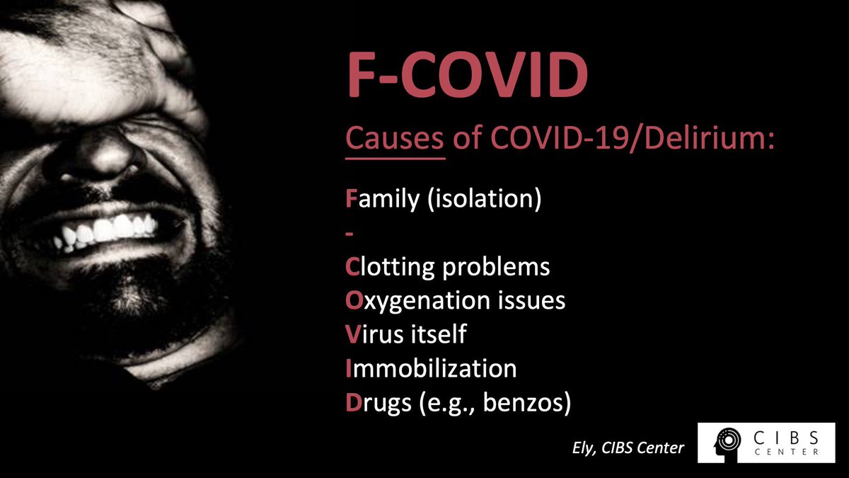 7/  @doctor_oxford continues… “Ken has inhabited a lurid world of visions, nightmares, and hallucinatory horror. His brain is running amok.” This  #Delirium is caused by the  #COVID virus plus other things shown on my F-COVID slide below.