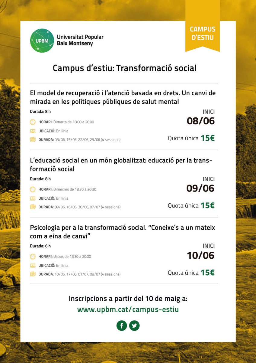 UPBaixMontseny's tweet photo. Matrícula oberta del Campus d’Estiu!!
 
📚Cursos:
👉 Polítiques públiques de la Salut Mental
👉 Educació social
👉 Psicologia introspectiva

📆 Inscripcions: 10/05 - 23/05 a https://t.co/xTgz1Wqnbd

#UPBM #educaciopopular #compartintconeixement #salutmental #psicologia https://t.co/fMJQY9FZ0c