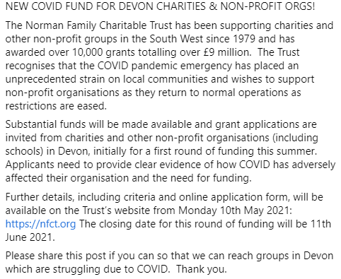 normantrust's tweet image. Applications to the Trust's new COVID Fund are open today.  If you're a charity or non-profit org in Devon that has been affected financially by COVID, you can apply for a grant.  Visit our website for more info: nfct.org #Devon #funding #charities #grants