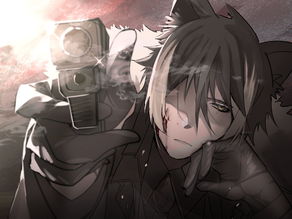 1boy gloves animal ears male focus gun weapon solo  illustration images