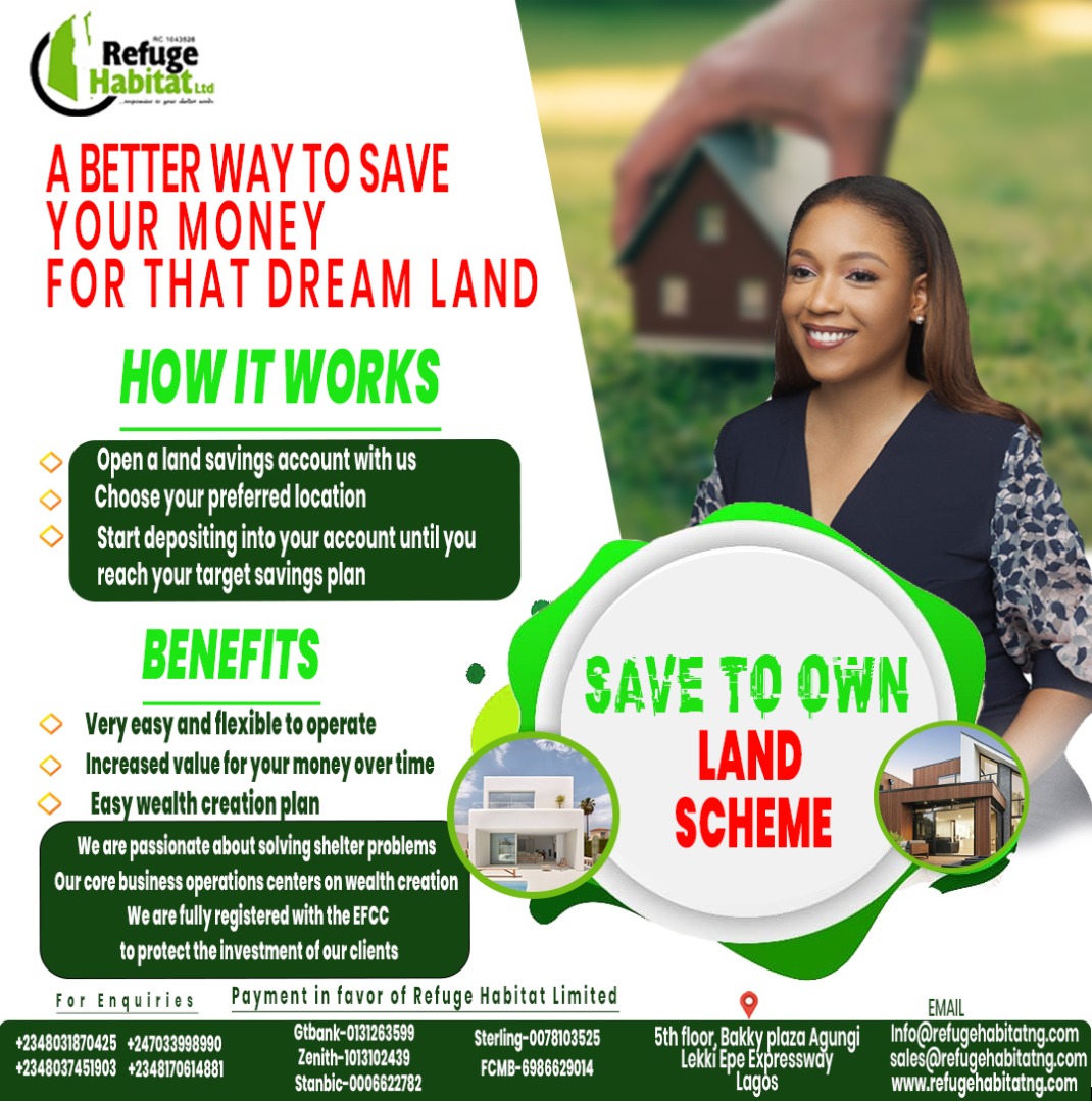 Introducing our new SAVE TO OWN LAND SCHEME (STOLS)with us and start depositing money at a very comfortable terms,& get immediate plot reservation on your first deposit.
#landforsaleinlagos #nigeriapropertymarket #nigeriapropertycentre #propertify #land #refugehabitat #ibejulekki