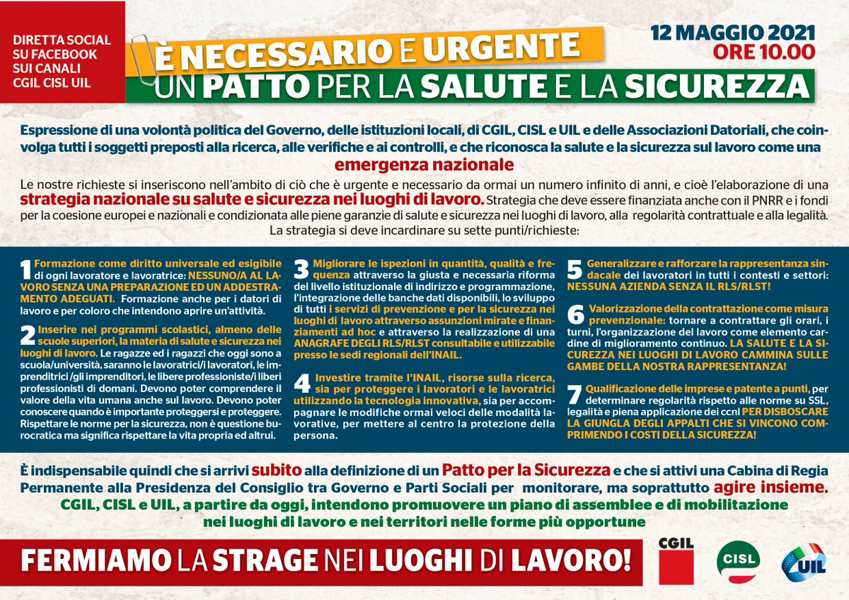 📌 #FermiamoLaStrageSulLavoro

#12maggio ore 10 iniziativa #CgilCislUil con Landini, Sbarra, Bombardieri.

Dobbiamo agire insieme: la salute e la sicurezza sul lavoro è un'emergenza nazionale. Al via la mobilitazione

👉 Diretta su Fb