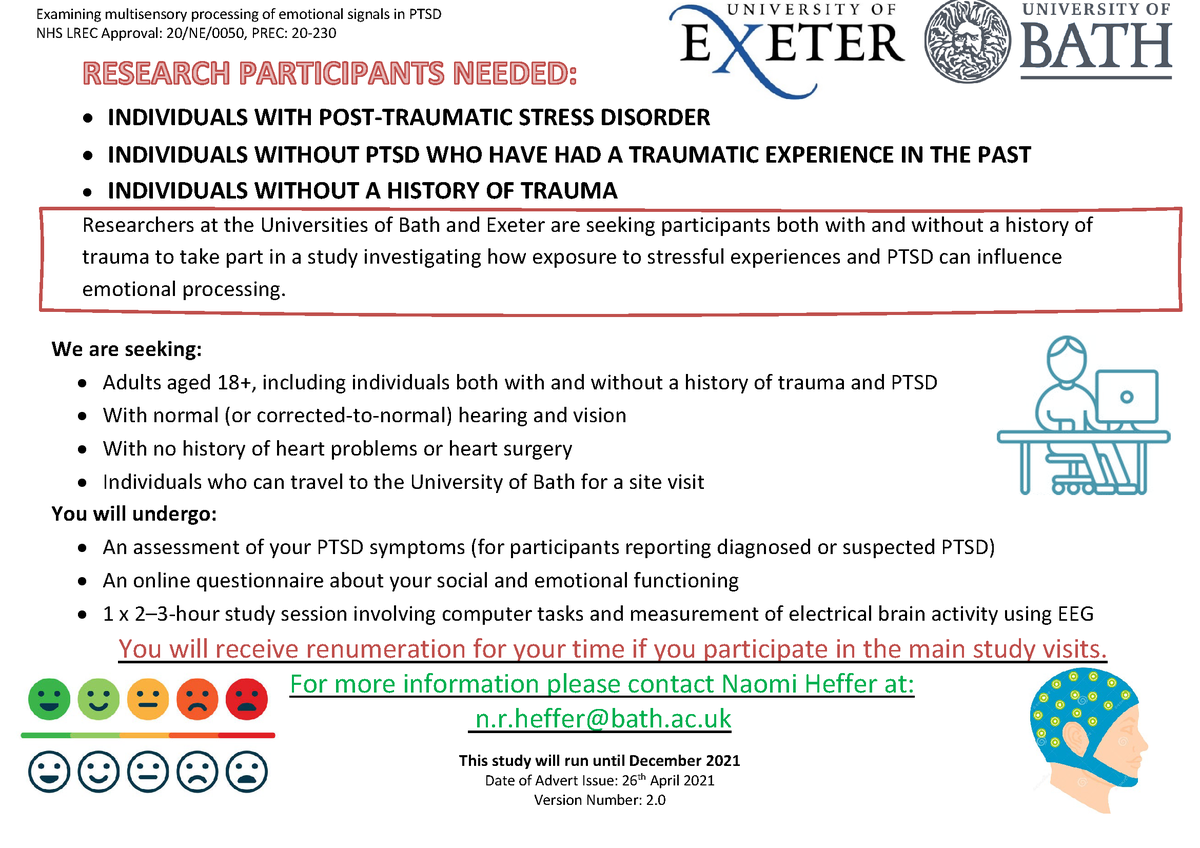 Research participants needed!
I am recruiting individuals with PTSD and trauma survivors for a study on multisensory emotion processing. Please email nrh31@bath.ac.uk if interested.
You must be able to travel to the University of Bath
@BathPsychology #PTSD #PTSDResearch