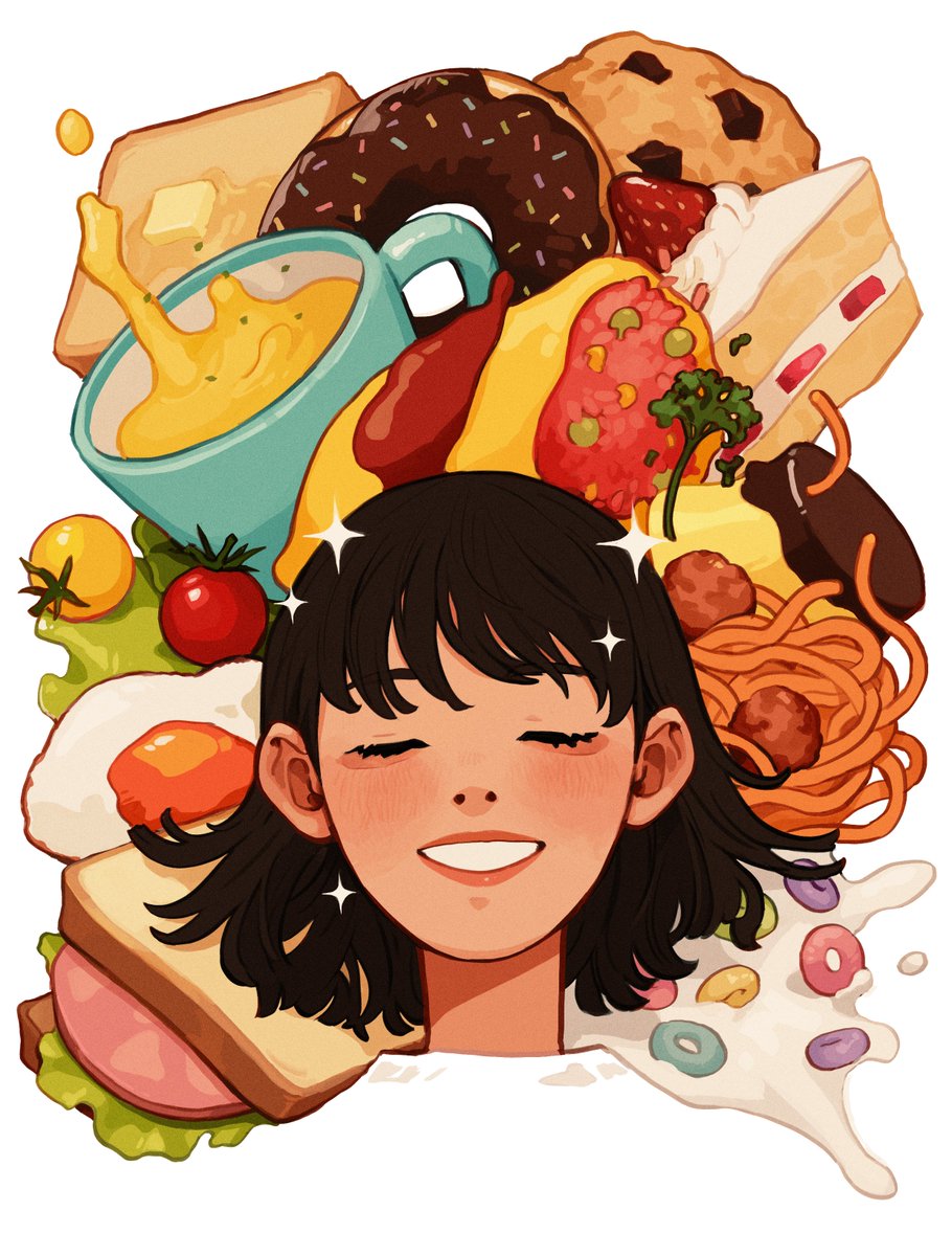 1girl food solo tomato closed eyes black hair white background  illustration images