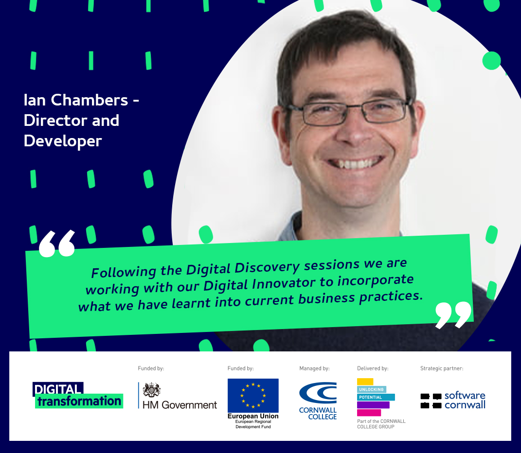 "The Digital Discovery sessions helped us focus on the future direction of our business, using the customer 'unmet needs' concept." Ian Chambers, <a href="/pitchedforparks/">Pitched</a> | Find out more about our fully-funded #digitaltransformation programme for Cornwall &amp; IOS bit.ly/3kTdEnT