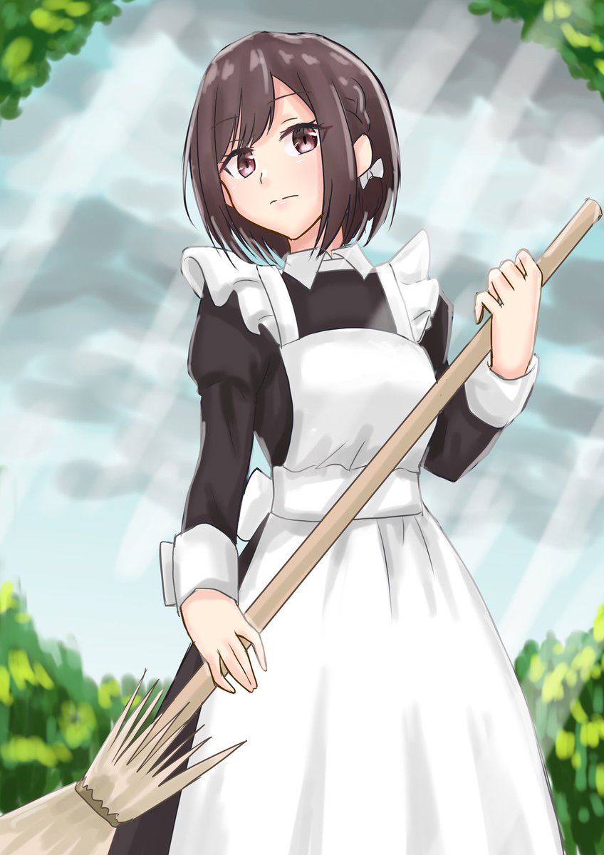 1girl solo apron brown eyes brown hair maid short hair  illustration images