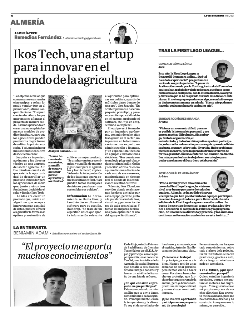 RemediosFdez's tweet photo. Hoy en la sección #AlmeríaTech en @lavozdealmeria, conversamos con Joaquín Soriano sobre Ikos Tech, una startup tecnológica dedicada la agricultura. Además, entrevistamos a Beniamin Adam acerca del proyecto @SpaceSix1  con el que participa en el concurso CanSat, de la @esa. https://t.co/A6ydwlYPFK