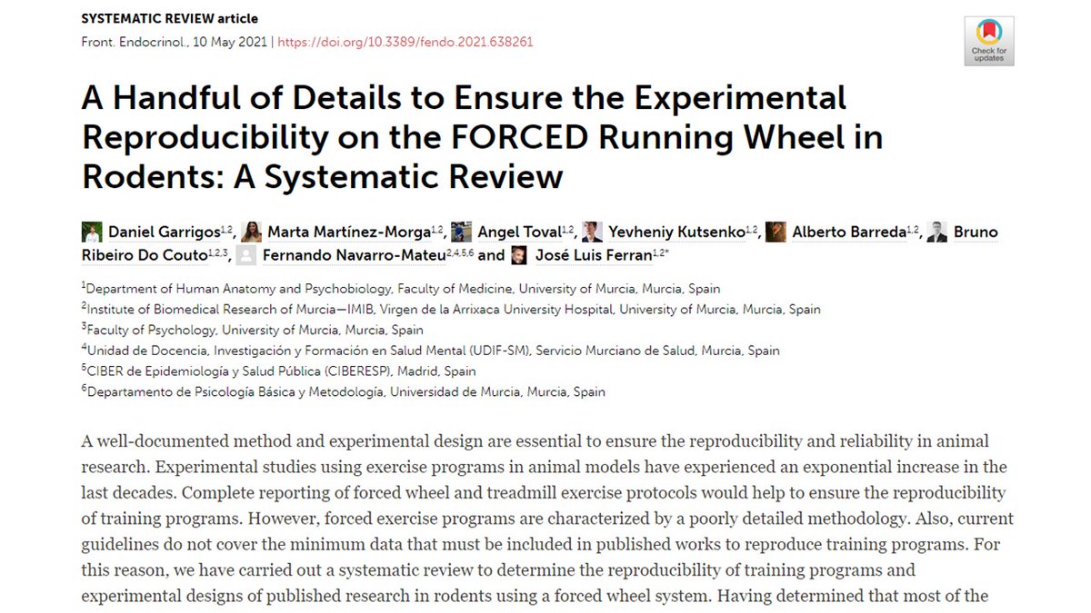 Our new paper is out!! We conducted a systematic review analyzing the reproducibility of exercise models in rodents using a forced wheel system. 

frontiersin.org/articles/10.33…