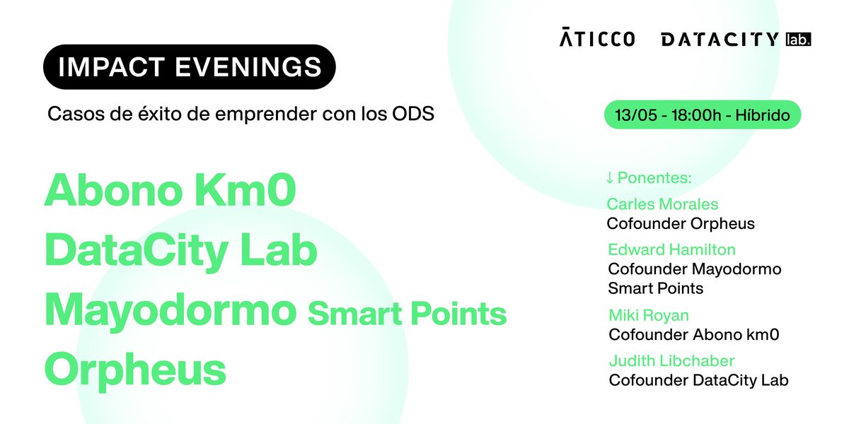 DataCity Lab (@datacitylab) on Twitter photo 📣 🙌 🌎 Muy ilusionados desde <a href="/DataCityLab/">DataCity Lab</a> de lanzar los #impactevenings con @AticcoCoworking.
Os invitamos al primero de muchos donde conoceremos a empresas que tienen los #ODS en su ADN #movilidad #reciclaje #energia
🗓️ jueves 13 mayo
🕡 18:00 h
👉 bit.ly/3b4rEXY 📣 🙌 🌎 Muy ilusionados desde <a href="/DataCityLab/">DataCity Lab</a> de lanzar los #impactevenings con @AticcoCoworking.
Os invitamos al primero de muchos donde conoceremos a empresas que tienen los #ODS en su ADN #movilidad #reciclaje #energia
🗓️ jueves 13 mayo
🕡 18:00 h
👉 bit.ly/3b4rEXY
