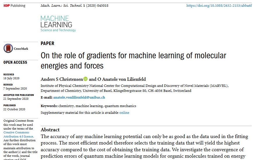 'On the role of gradients for machine learning of molecular energies and forces' by <a href="/ProfvLilienfeld/">Anatole von Lilienfeld</a> and <a href="/AndersSChristen/">🚀 Anders Christensen</a> <a href="/nccr_marvel/">NCCR-MARVEL</a> hits 1500 downloads! bit.ly/3dX9bNs #MachineLearning #compchem #quantum #BigData #neuralnetworks #datascience