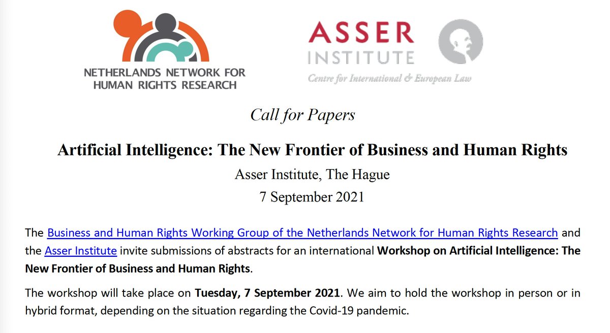 lottielane_'s tweet photo. Excited to share the #CfP for the @NLNBHR and  @TMCAsser event ‘AI: The new frontier of business &amp; human rights’ on 7 Sept 2021! Abstract submission deadline: 14 June. 
#bizhumanrights #duediligence #MachineLearning #WomenWhoCode https://t.co/oDnV35PO35 https://t.co/fMYhiDmYqG