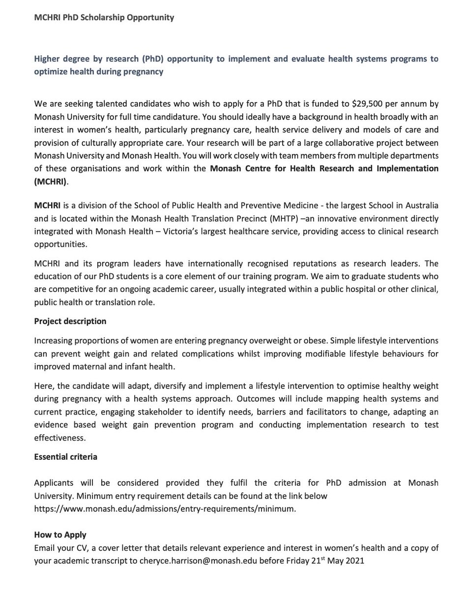 MCHRI (@mchrimonash) on Twitter photo MCHRI PhD Scholarship Opportunity
Funded to $29,500 per annum by @MonashUniversity for full-time candidate.
How to Apply:
Email your CV, a cover letter and a copy of your academic transcript to cheryce.harrison@monash.edu before Friday 21 st May 2021
#phd #scholarship MCHRI PhD Scholarship Opportunity
Funded to $29,500 per annum by @MonashUniversity for full-time candidate.
How to Apply:
Email your CV, a cover letter and a copy of your academic transcript to cheryce.harrison@monash.edu before Friday 21 st May 2021
#phd #scholarship