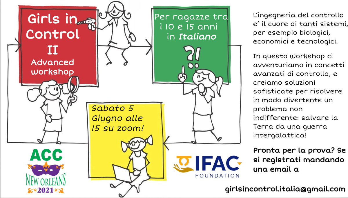 LabAltair's tweet image. Hey ragazze! 👧👩 Don&apos;t miss the #GirlsInControl online workshop #base and #advanced edition for girls aged 10-15. On the occasion of the “American Control Conference 2021”.
🗓️ 29/5 and 5/6 
🇮🇹 IT lang
ℹ️ PVT
With @IFAC_Control Foundation
#ACC2021 #GirlsInControlItalia #Scratch
