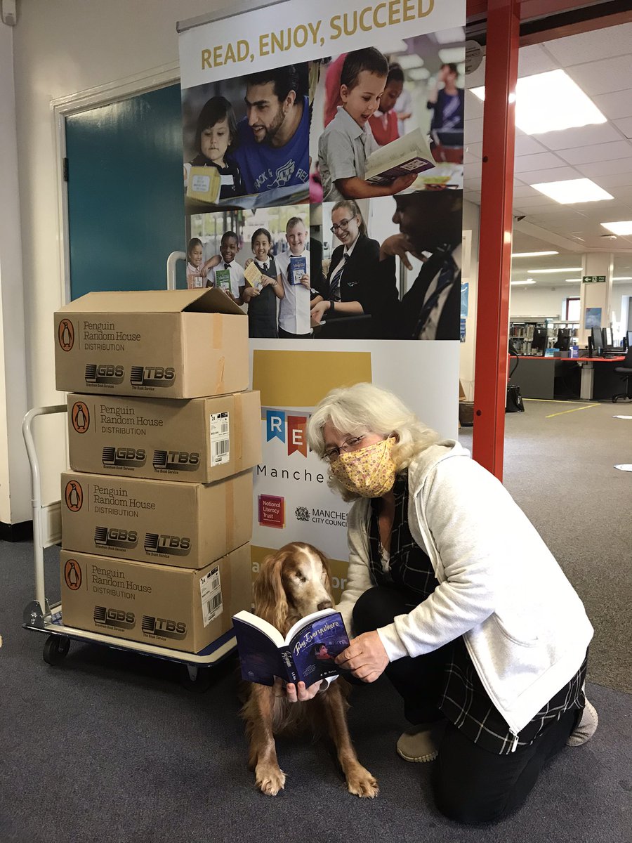 MCBFestival's tweet image. Delivering school class sets of #BoyEverywhere to #GortonLibrary Marley’s working hard and enjoying the fuss. #ReadMcr