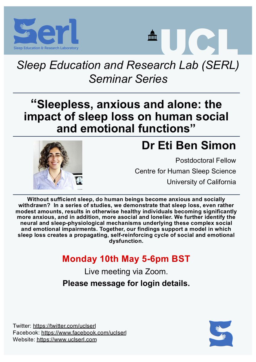 uclserl's tweet photo. Join us TODAY at 5pm BST (pls note previous flyer said UTC in error). We are delighted to host @etoosh who will be giving a talk titled "Sleepless, anxious and alone". Please message for zoom login details, all welcome! https://t.co/ZsYxY2i1lB