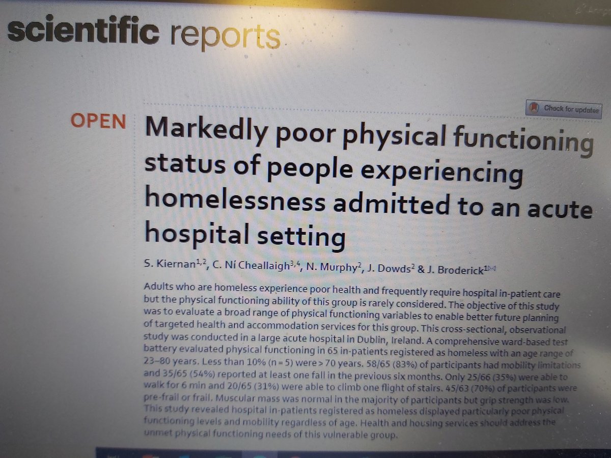 **New paper from excellent study <a href="/sikierna/">Sinéad Kiernan</a> Major physical limitations inpatients <a href="/stjamesdublin/">St James's Hospital</a> who are homeless, many participants in their 20s, 30s &amp; 40s physically comparable to those stably housed in their 70s &amp; 80s rdcu.be/ckjm7 <a href="/ClionaNi/">Cliona Ni Cheallaigh</a> <a href="/niamhphysio/">Niamh Murphy</a> @JoanneDowds