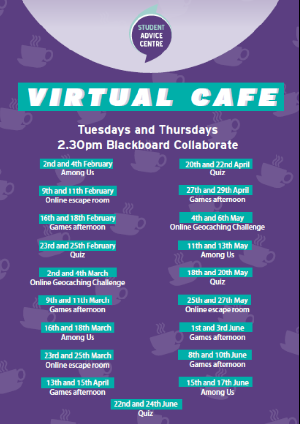 NESColAdvice's tweet photo. Here's a reminder of the Virtual Café schedule! You can come along on Tuesdays and Thursdays at 2:30pm by joining our Blackboard Collaborate session - https://t.co/judqMlzaRp #NESCOLAtHOME https://t.co/qxRTctb1s7