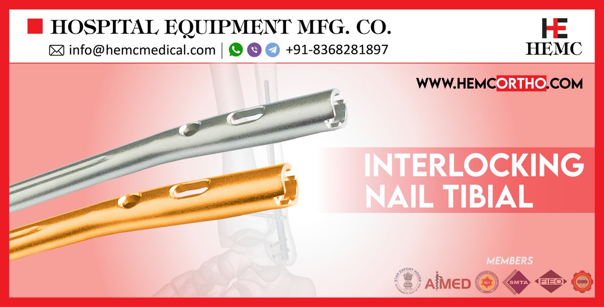 HemcOrtho's tweet image. We are one of the leading manufacturers and exporters of high quality #InterlockingNail and other #TraumaImplants Such as #SpineImplants, #HipImplants, #LockingPlates, #ExternalFixators, #HipProthesis, etc. hemcortho.com/product-catego…
#HEMCMedical
#HEMCOrtho
#HEMCIndia