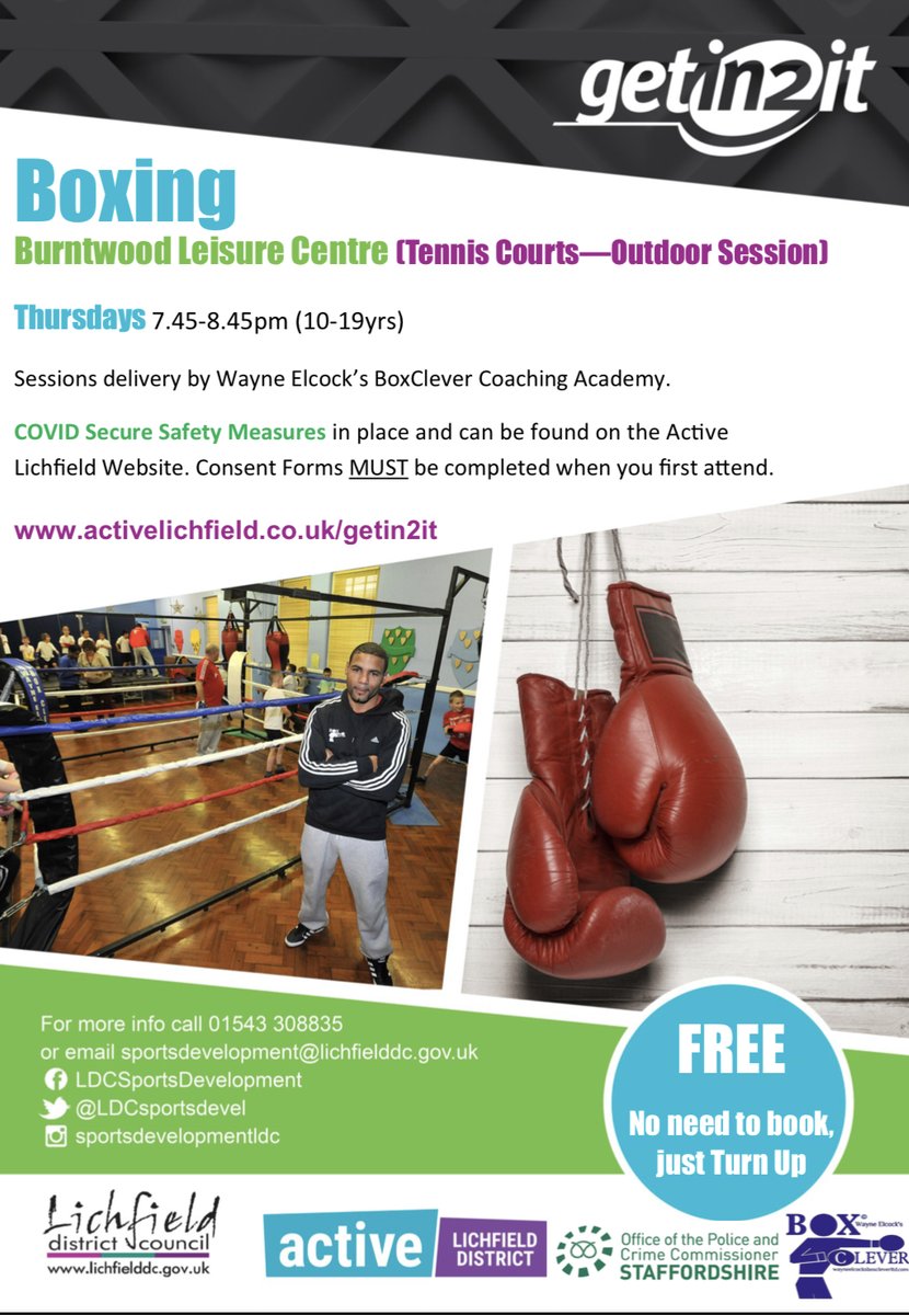 Getin2itLDC's tweet photo. #Getin2it boxing sessions this Thursday from Oakenfield and Burntwood Leisure Centre, delivered in partnership with @BoxClever2 🥊

The sessions are for ages 10-19, and teach participants the skills of the sport in an active and engaging way! 

More info👉https://t.co/z2NKxQ6ZVH https://t.co/LnB6LnPPAW