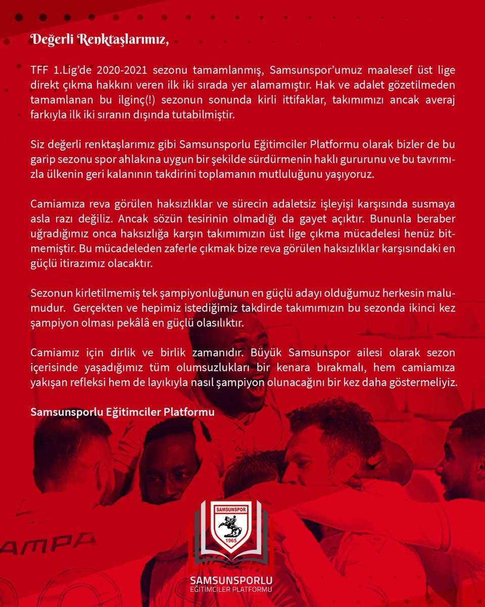 Samsunsporcom's tweet photo. "Layıkıyla nasıl şampiyon olunacağını bir kez daha göstermeliyiz." @SSEgitimciler #Mücadele https://t.co/LYkkPDz3zQ