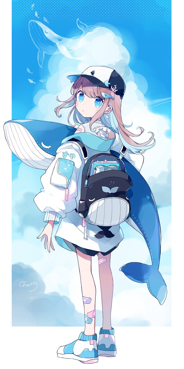 1girl backpack solo bandaid hat bandaid on leg blue eyes  illustration images