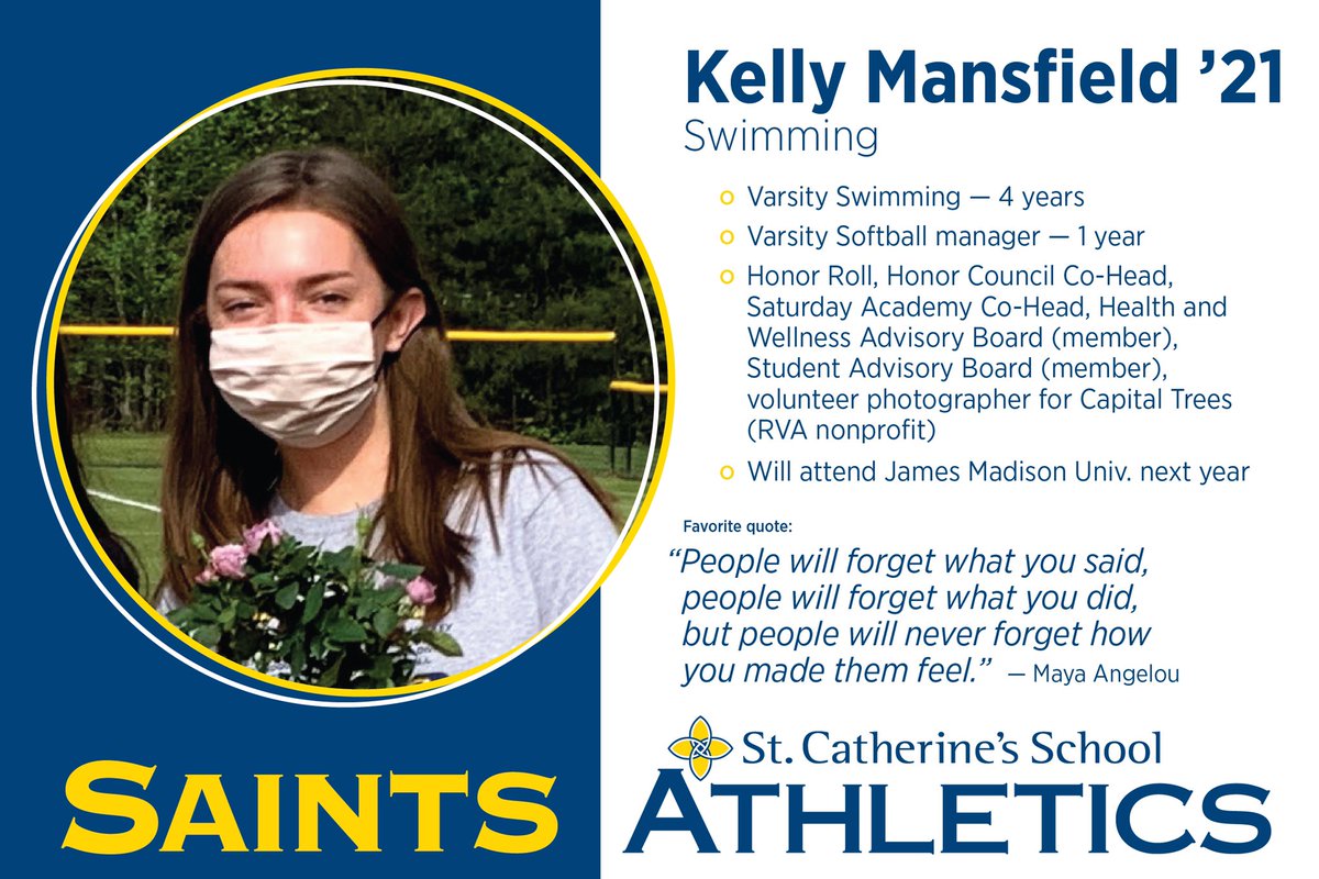 SAINTS Senior Spotlight- Kelly Mansfield. Thank you for your commitment to SAINTS Athletics! We love the Class of 2021! <a href="/StCatherinesRVA/">St. Catherine's School</a>