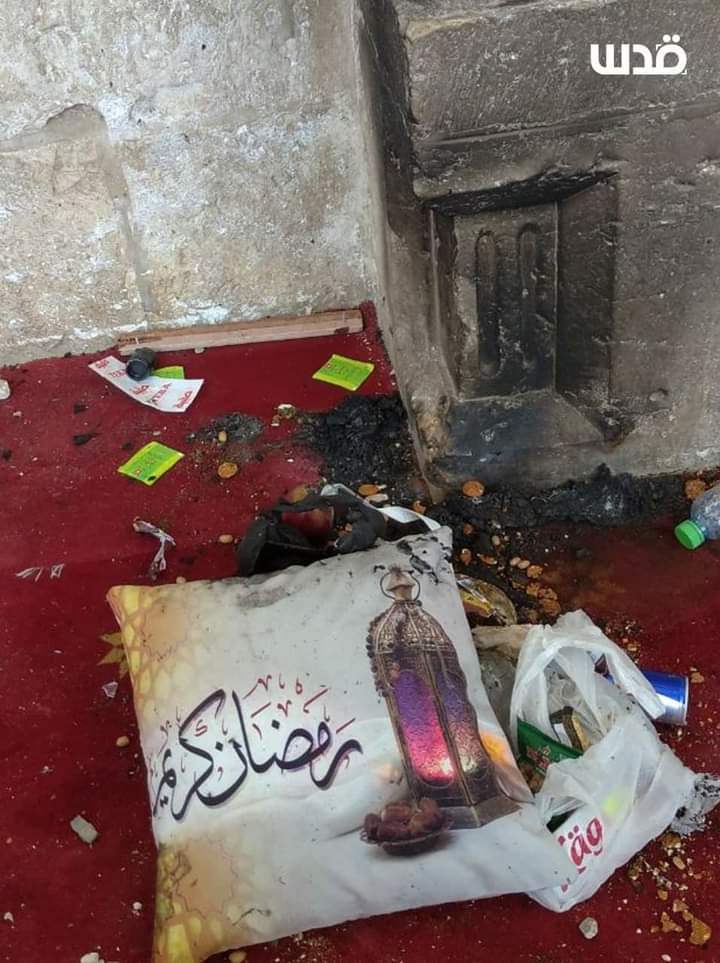 Evidence of a fire that broke out inside the Qibli Musallah at Masjid al-Aqsa