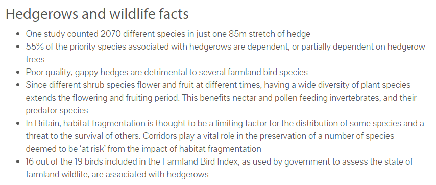 3/ Not only do natural hedgerows reduce resource depletion by eliminating the need for wire and stakes sourced in unsustainable ways, they're also habitat for thousands of vulnerable species, which is why their removal is hastening the collapse of biodiversity.Via  @NBNTrust.