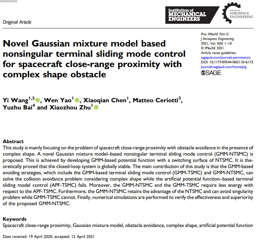 mtcerio's tweet photo. Recently published on @IMechE Journal of #Aerospace Engineering:
"Novel Gaussian mixture model based nonsingular terminal sliding mode control for spacecraft close-range proximity with complex shape obstacle"
#openaccess: https://t.co/ltvfhZN6YD
@UofGSET @UofGEngineering #space https://t.co/ALUbIaRbPG