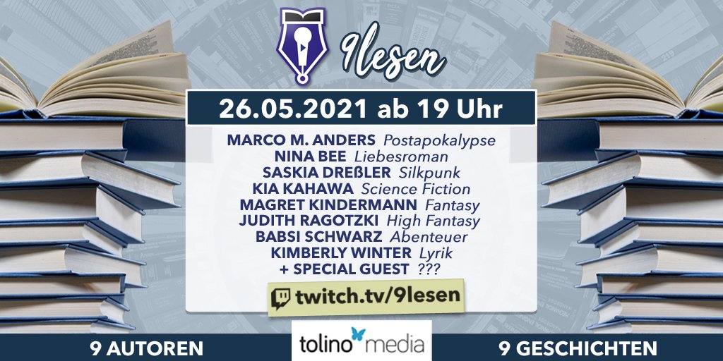 Wir haben da was geplant! am 26.05.2021 werden ab 19 Uhr #9lesen! Da vor Ort ja leider weiterhin nicht geht, könnt ihr unter twitch.tv/9lesen beim Lesungsabend dabei sein 😄
