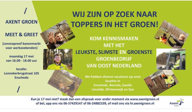 Axent_Groen's tweet photo. #Meetandgreet #axentgroen #vacatures 17 mei 16-18 uur Lonnekerbrugstraat 105 Enschede https://t.co/vEfAgW2Yia