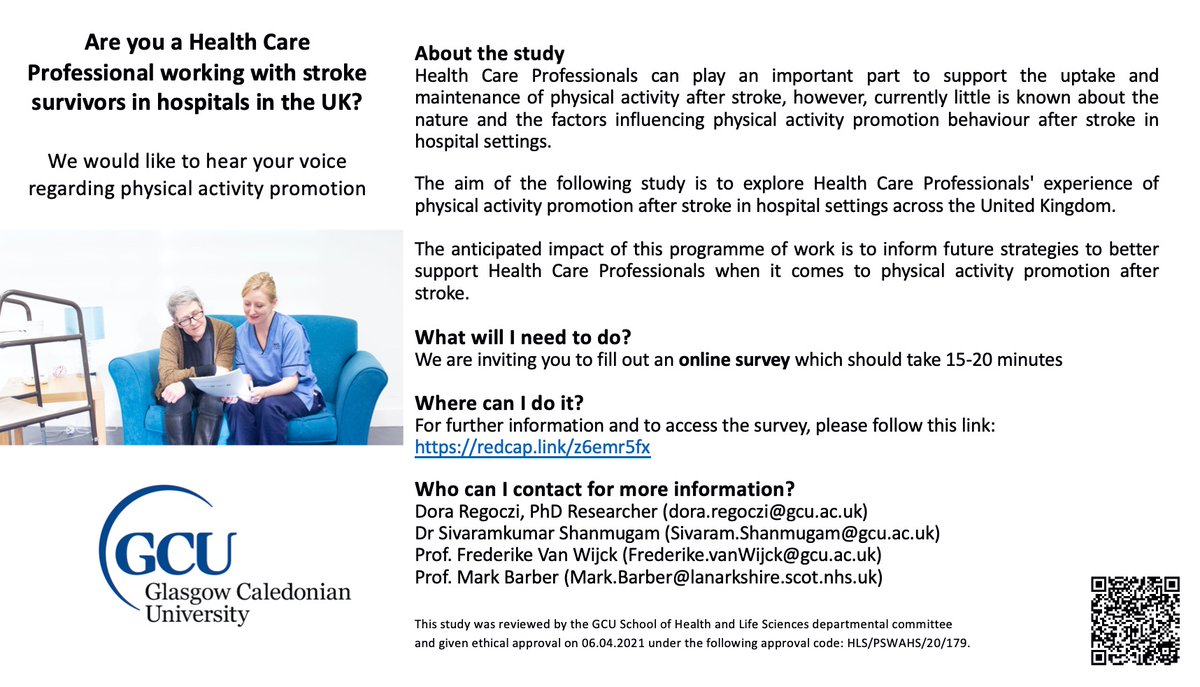 We are exploring Health Care Professionals' experience of physical activity promotion after stroke across the UK. Your views are greatly appreciated! redcap.link/z6emr5fx Feel free to spread the word! #strokeresearch #exercisepromotion