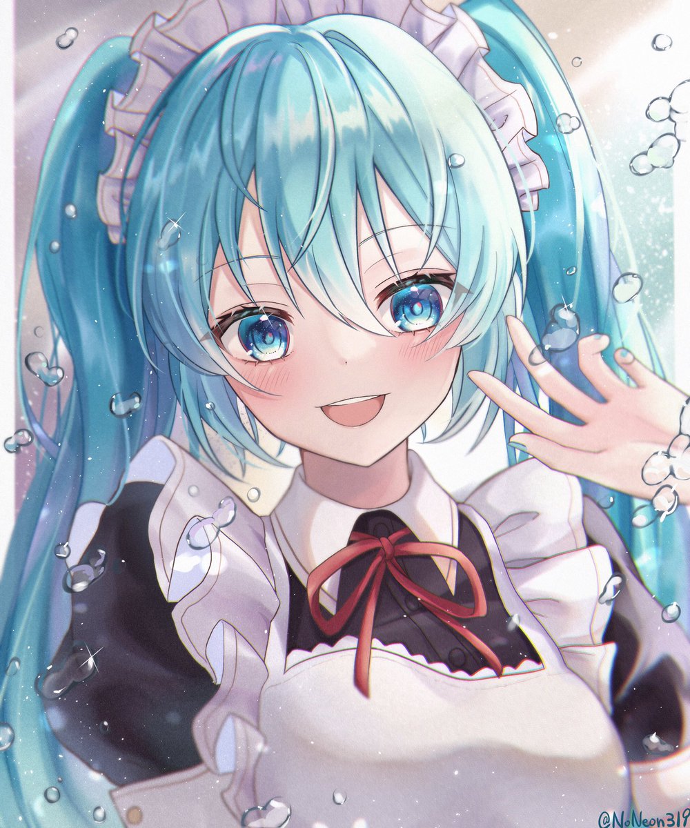 hatsune miku 1girl solo maid maid headdress smile long hair twintails  illustration images