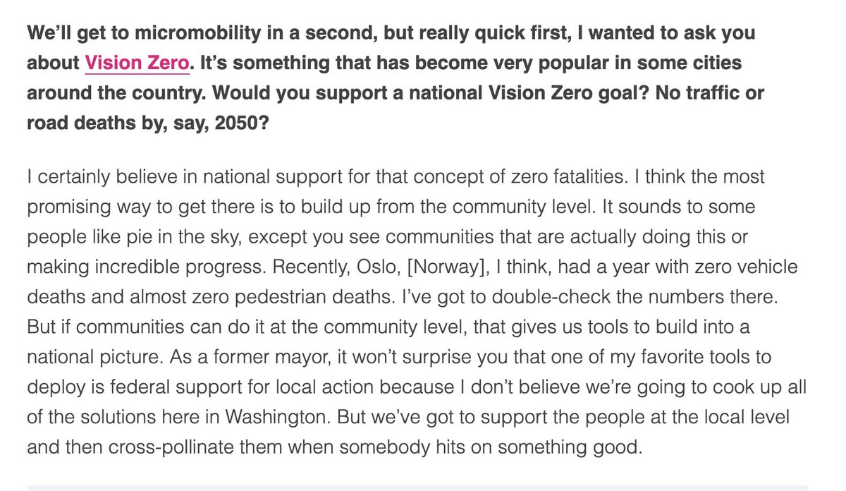 While he supports the idea behind trying to reduce traffic fatalities to zero, he wasn’t interested in a national Vision Zero mandate, saying he prefers to offer support to local efforts to reduce road deaths