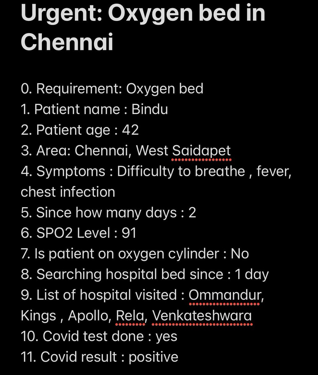 Need an #OxygenBed in #Chennai for a family member. 

Any verified leads are appreciated, please DM me. 

We have tried several hospitals already and are trying helplines meanwhile. Thank you! 

#COVID19India #CovidHelp #TamilNadu 

Patient details below ⬇️