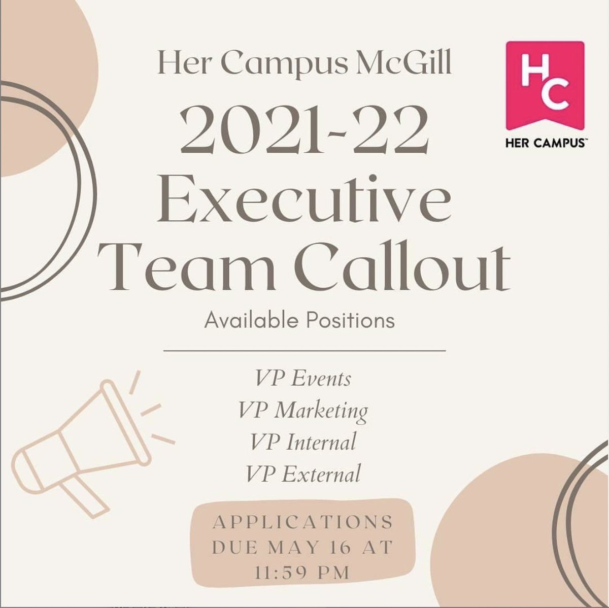 Hi everyone! We are in the process of hiring a new Exec. Applications are linked below and they are due May 16 at 11:59 PM. Please consider applying if you're interested in being a part of an Exec for a great organization!
Check out our facebook.com/HerCampusMcGil… for links!