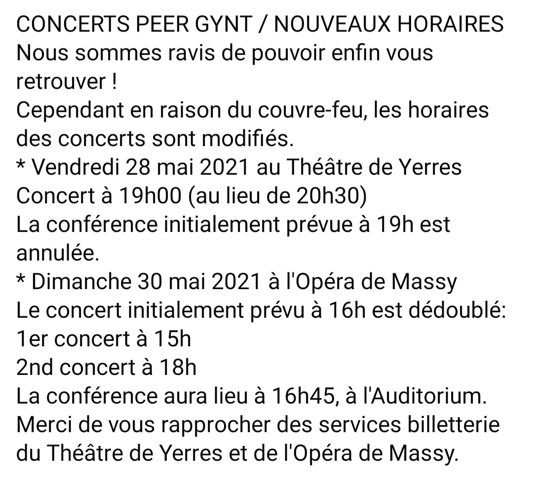 OrchestreOpéraMassy (@orchoperamassy) on Twitter photo Nous sommes ravis de pouvoir enfin vous retrouver !
Attention les horaires des concerts ont changé, merci de vous rapprocher des services billetterie du <a href="/theatresyerres/">theatres val dyerres</a> et de l'<a href="/operademassy/">opera de massy</a> .
À très bientôt dans ces salles magnifiques !
<a href="/villedemassy/">Ville de Massy</a> <a href="/CDEssonne/">Département de l'Essonne</a> Nous sommes ravis de pouvoir enfin vous retrouver !
Attention les horaires des concerts ont changé, merci de vous rapprocher des services billetterie du <a href="/theatresyerres/">theatres val dyerres</a> et de l'<a href="/operademassy/">opera de massy</a> .
À très bientôt dans ces salles magnifiques !
<a href="/villedemassy/">Ville de Massy</a> <a href="/CDEssonne/">Département de l'Essonne</a>
