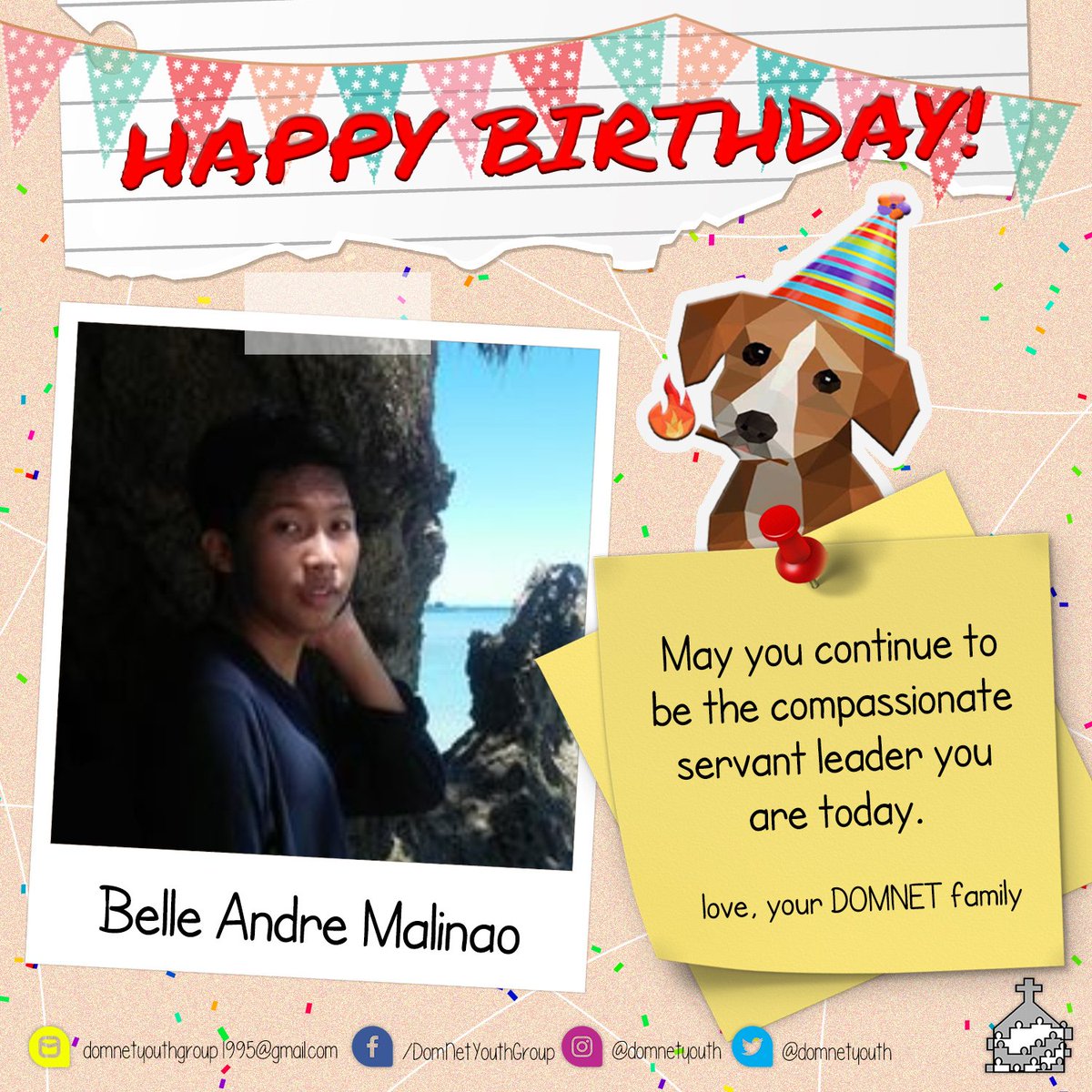 domnetyouth's tweet photo. Hey there DOMNET kiddos, before the day ends, letβs all wish our ever-spirited and faithful Kuya Belle Andre Manteza Malinao a belated happy birthday!ππ₯³
Enjoy your day, Kuya Belle!π
To more years of faith, hope, and love.
#ONEDOMNETYouthGroup
#UNITEDDYG https://t.co/XsBz8BerLk