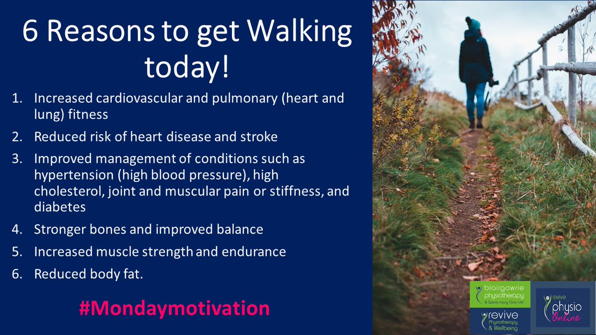 blairphysio's tweet photo. Need some Monday Motivation. Try walking more!  There are huge benefits to your health from walking - so why not start today!
#mondaymotivation #walkingforhealth #blairphyio https://t.co/mjh9lUxeNC