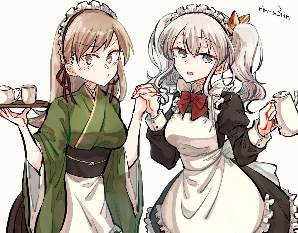 kashima (kancolle) ,ooi (kancolle) multiple girls 2girls apron twintails maid headdress brown hair japanese clothes  illustration images