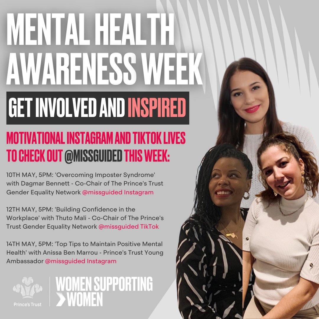 For #MentalHealthAwarenessWeek2021 we're joining forces with our friends @missguided on a series of LIVE inspirational talks with top tips to build confidence, overcome imposter syndrome and maintain positive #mentalhealth 
Set a reminder and tune in for each👇