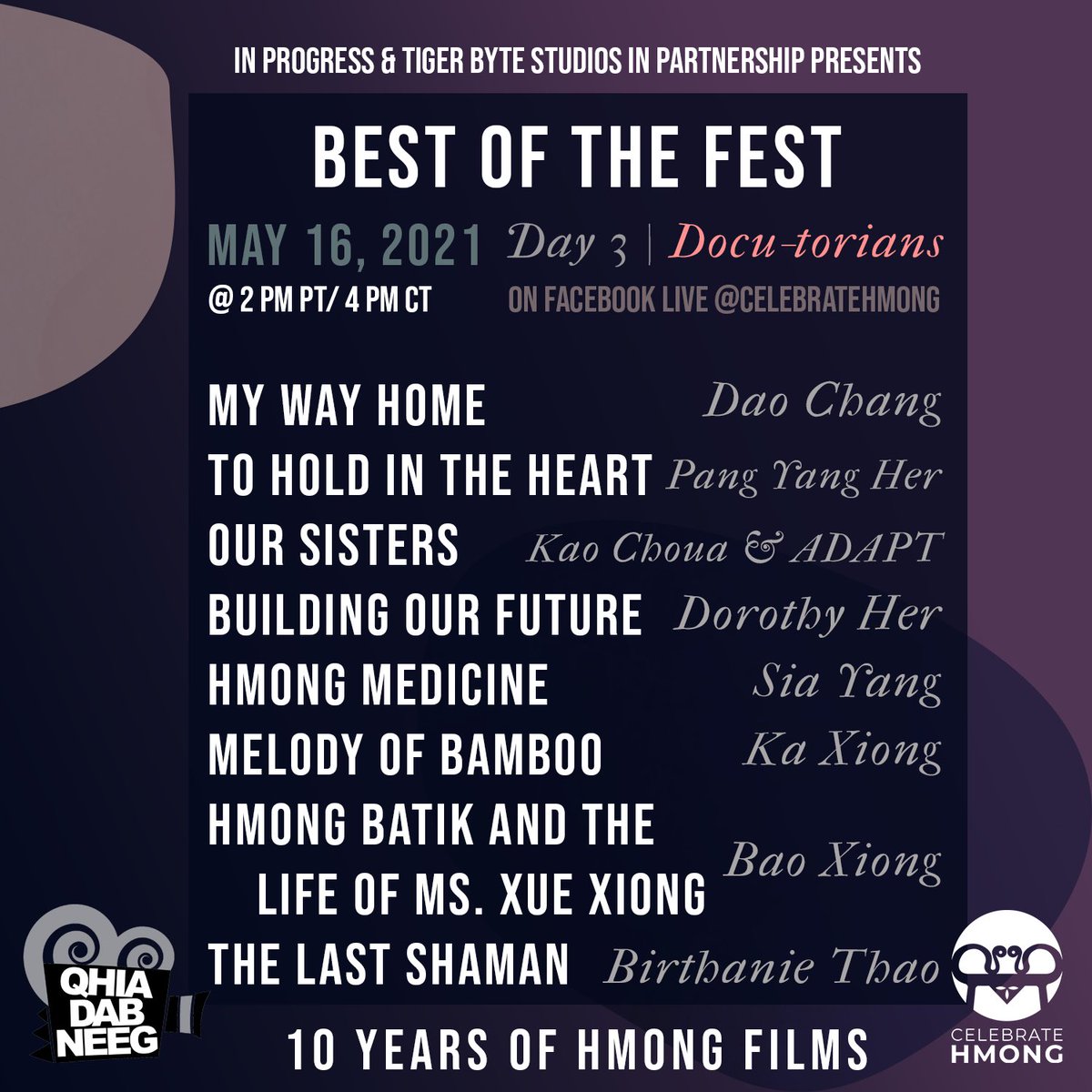 This #AAPIHM come celebrate Hmong American Day by making it a full blown weekend of 10 years of Hmong films featuring Q&amp;A with Hmong filmmakers every day.

Representation matters. Let’s rise up and tell our stories authentically and unapologetically.

Facebook.com/CelebrateHmong
