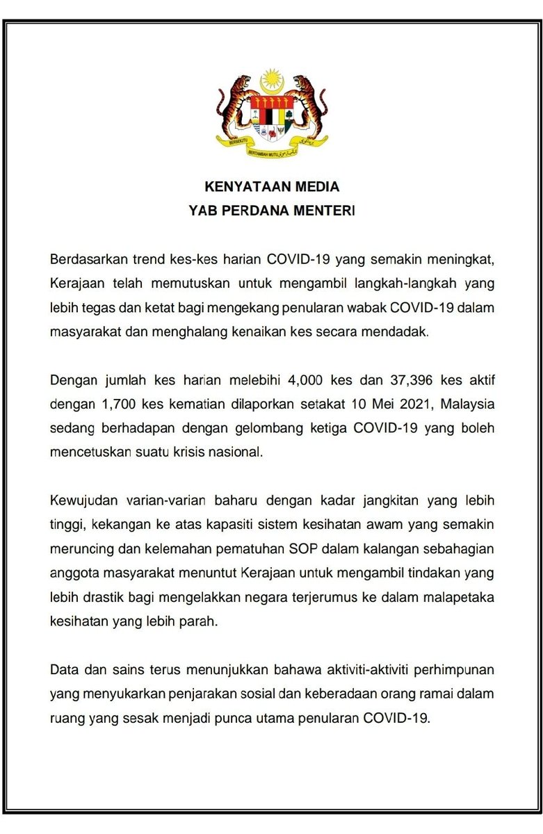 1. BREAKING: PM Muhyiddin Yassin has announced an MCO nationwide from May 12 to June 7 2021.Home and grave visitations for Hari Raya, which were previously permitted with strict SOPs, are no longer allowed.The work-from-home order has also been reinstated.