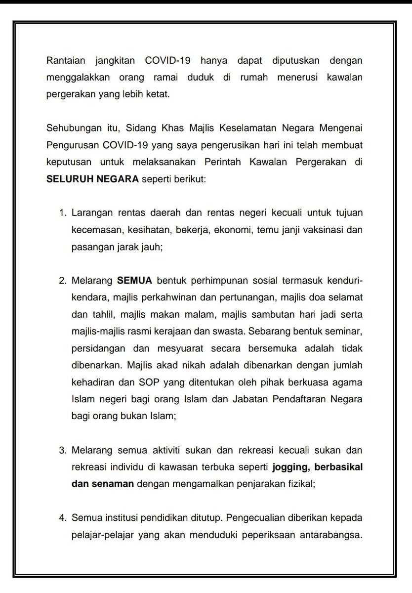 1. BREAKING: PM Muhyiddin Yassin has announced an MCO nationwide from May 12 to June 7 2021.Home and grave visitations for Hari Raya, which were previously permitted with strict SOPs, are no longer allowed.The work-from-home order has also been reinstated.